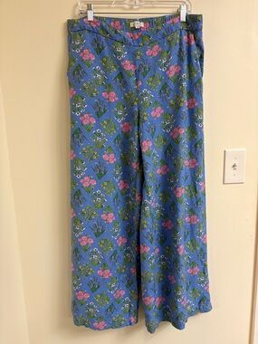 LOFT Bouquet Linen Blend Wide Leg Pants Blue Floral Large Flowing Pull-On spring